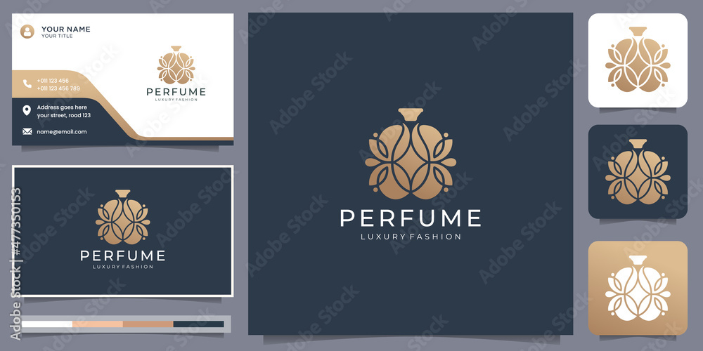 luxury elegant perfume logo template, abstract perfume bottle with flower, golden color design.