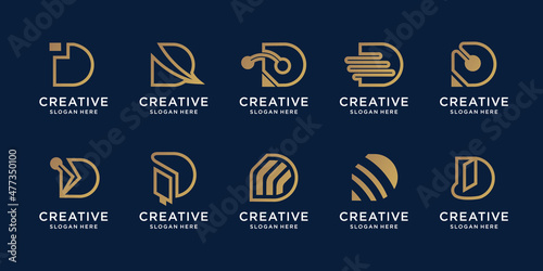 Set of d logo collection with golden abstract style, creative logotype letter d minimalist design.