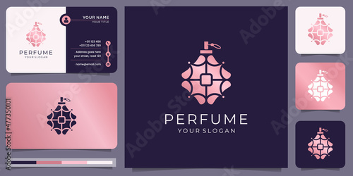 elegant rose gold perfume bottle logo template. logotype style logo and business card design ,rose gold perfume inspiration.