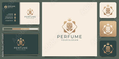 elegant perfume logo template  abstract perfume bottle with flower  golden color design.