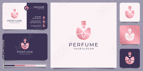 rose gold perfume bottle inspiration. logo and business card design template for fashion, feminine.