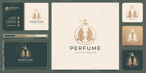 luxury elegant perfume logo template, abstract perfume bottle with leaves, golden color design.