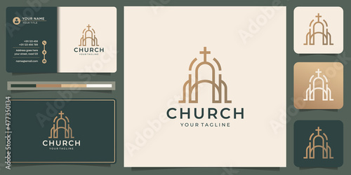 church logo with build concept. christian symbol logo design with business card template. Premium Vector