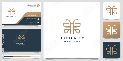 creative geometric butterfly logos template inspiration with business card gold color design.