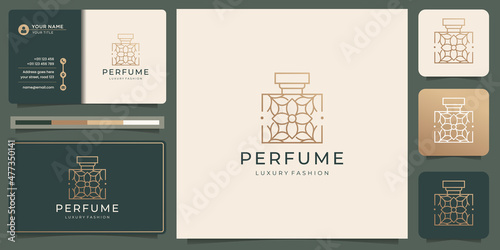 elegant perfume glass bottle logo template linear style shapes design and business card premium.