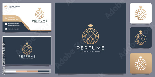 elegant perfume glass bottle logo template linear circle style design and business card premium.