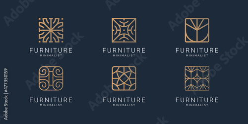 set of minimalist furniture logo. creative of abstract interior design, golden color, luxury linear.