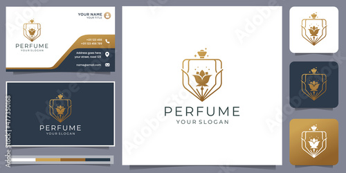 feminine beauty perfume logo design with creative linear bottle style and luxury floral rose design.