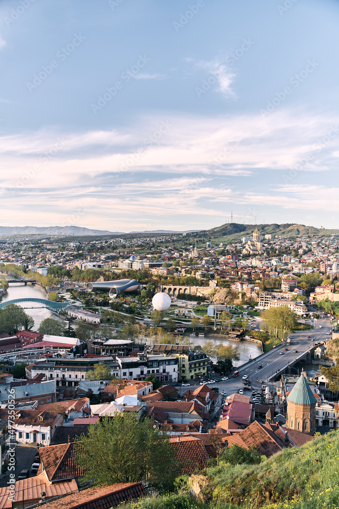 Fototapeta premium Tbilisi, Georgia - 04.18.2021: Aerial view of Tbilisi from the observation deck. High quality photo