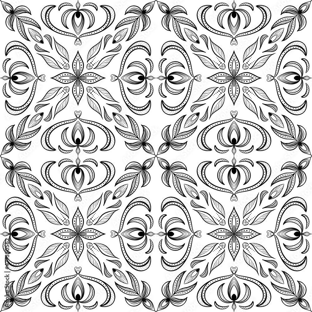 Seamless pattern of flowers and ornaments with black lines on a white background. Background for paper, pattern for kitchen tiles, hand drawing for coloring Seamless pattern of flowers and ornaments with black lines on a white background. Background for paper, pattern for kitchen tiles, hand drawing for coloring
