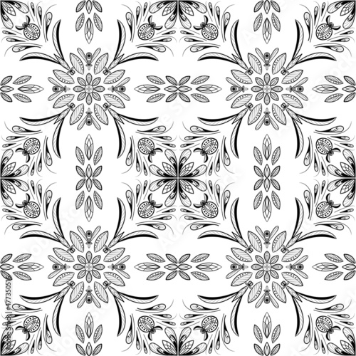 Seamless pattern of flowers and ornaments with black lines on a white background. Background for paper, pattern for kitchen tiles, hand drawing for coloring