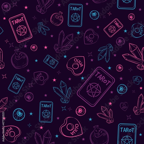 Occult and witchy seamless pattern with purple and blue elements. Tarot cards, precious gems, ouija board and flasks. Wiccan and esoteric repeat background with psychedelic and magic objects.