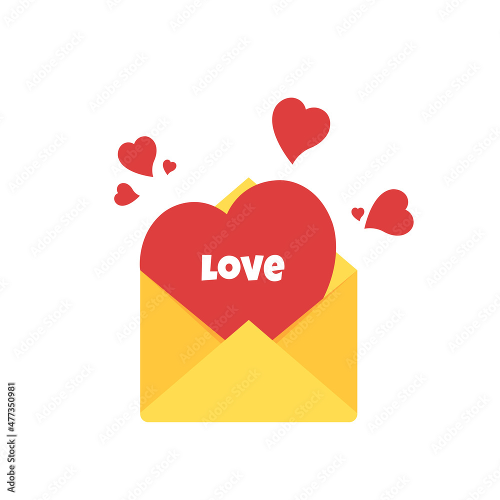 Red heart in yellow envelope isolated on white background. Symbol of love and romantic. Vector illustration with copy space	