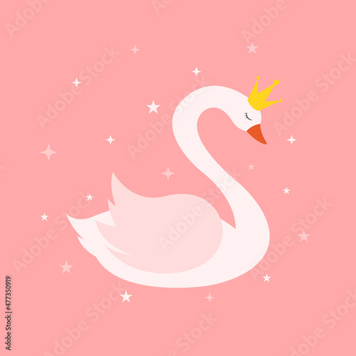 Fototapeta Naklejka Na Ścianę i Meble -  Swan isolated on pink background. Vector illustration of graceful swan bird in crown. Flat design