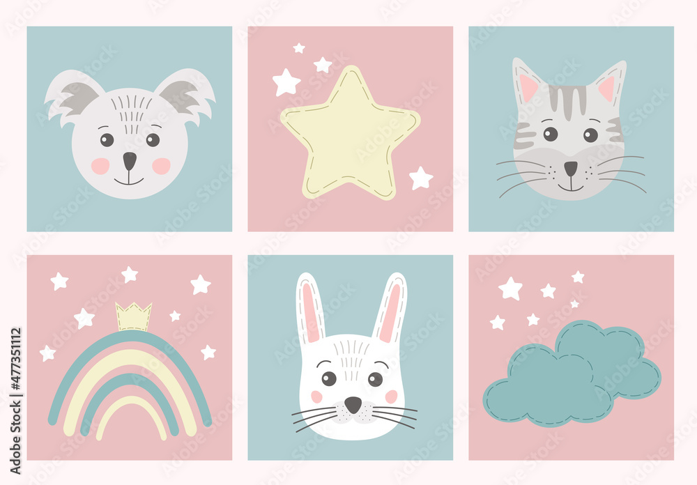 Obraz premium Collection of cute posters with rainbow, star, animal portraits in hand drawn Skandinavian style in pastel collors. Cute simple funny elements and animals for kids, baby, nursery, greeting cards.