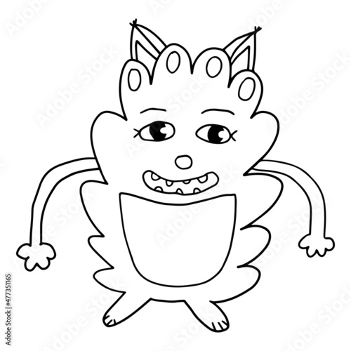 Cartoon fantasy doodle alien animal isolated on white background. Doodle happy monster. 