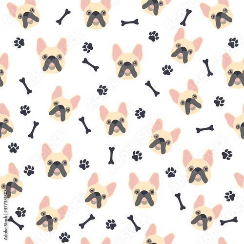 Bulldog muzzle. Seamless pattern with cute cartoon dogs bulldog muzzles