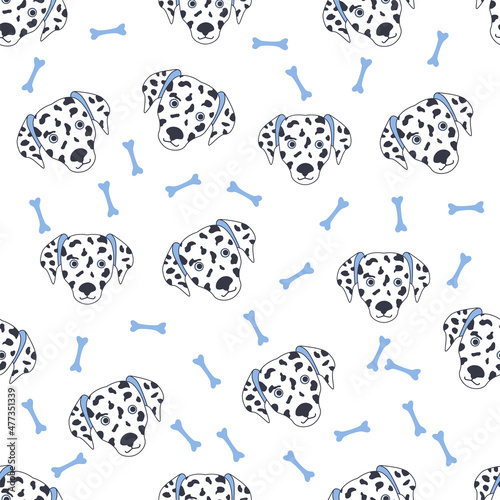 Black-white dog muzzle Dalmatian. Seamless pattern with cute cartoon dogs muzzle dalmatians