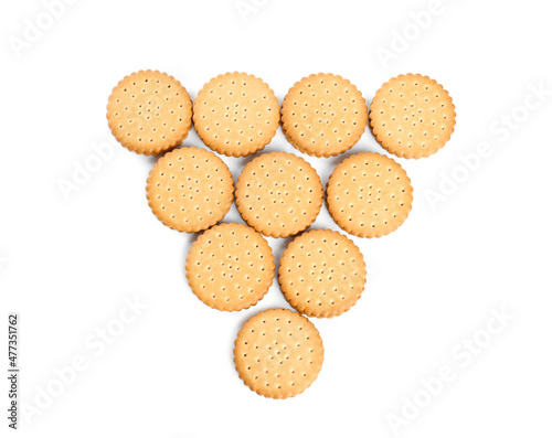 Tasty sandwich cookies on white background, top view