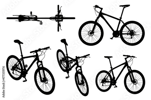 Isolated MTB Mountain bike silhouette collection in different views.