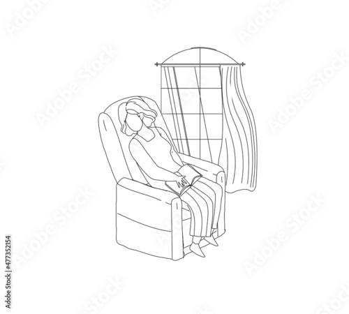 Woman sleeping holding book sitting in armchair at home outline vector drawing. Tired exhausted girl character taking nap relax illustration