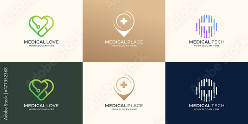 set of collection medical logo design inspiration, medical cross plus, love symbol, tech concept.