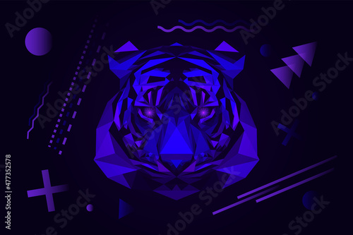 Trendy dark retro futuristic holographic illustration with tiger and cyberpunk graphic elements. Vector photo