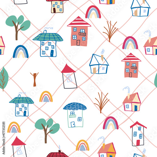 Pattern seamless kids with home doodle coloring element. house pattern, cute colorful homes, funny children decor.