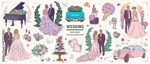 Hand drawn sketch wedding set. Vector illustration