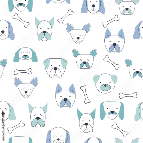 Seamless childish pattern with dog animal faces. Creative nursery background. Perfect for kids design, fabric