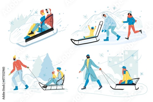 Happy people sliding on sleigh isolated vector set. Loving couple, family with children sledding downhill outdoor in winter park. Vacation time