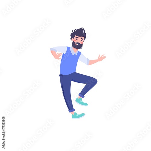 Vector cartoon flat man character in trendy outfit with surprised expression emotionally reacts and gesticulate-emotional states,social relationships,communication concept,web site banner ad design