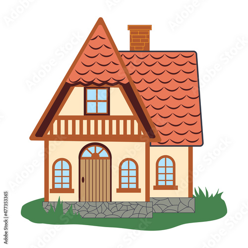 Large family house in Tudor style. Detailed flat illustration of an old traditional stone building