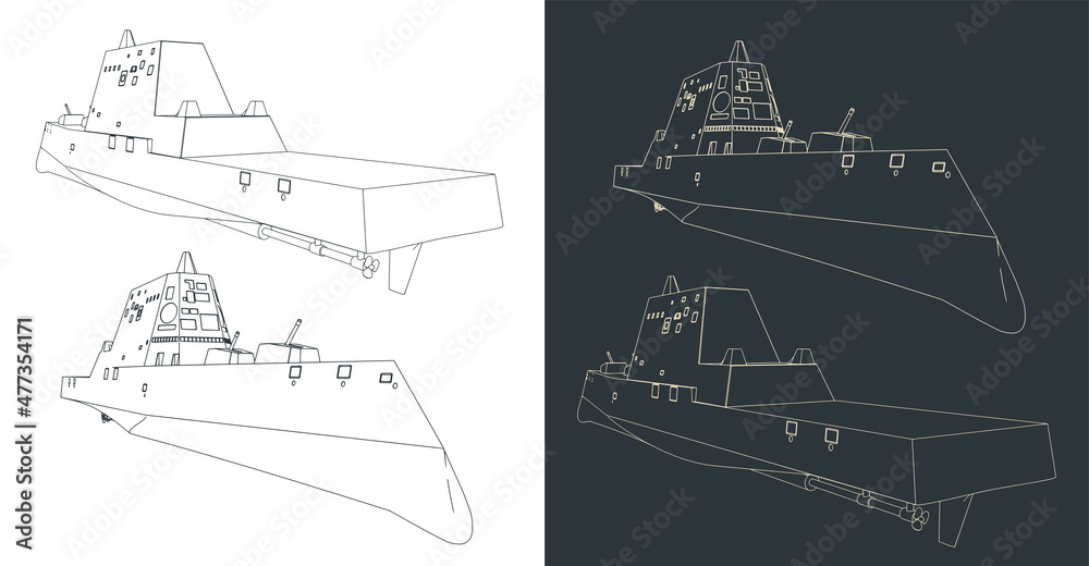 Modern stealth warship sketches