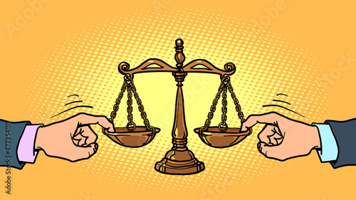 corrupt court concept. Politicians influence the judge. scales of justice, a symbol of judicial power and an honest decision, a weight meter