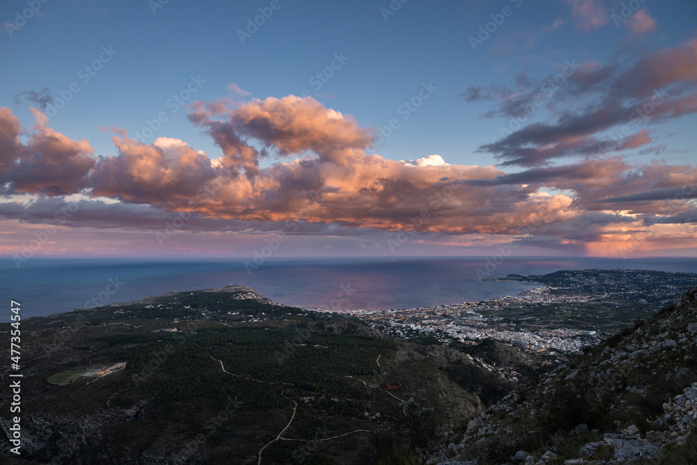 Landscape view of Javea from the Montgo mountain in sunset, costa blanca, Xabia, Spain