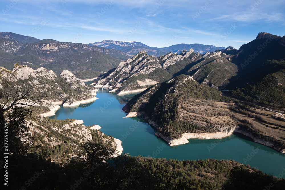 Landscape of Llosa del Cavall reservoir in the winter, mountain view from Santuario de Lord, Lleida, Catalonia