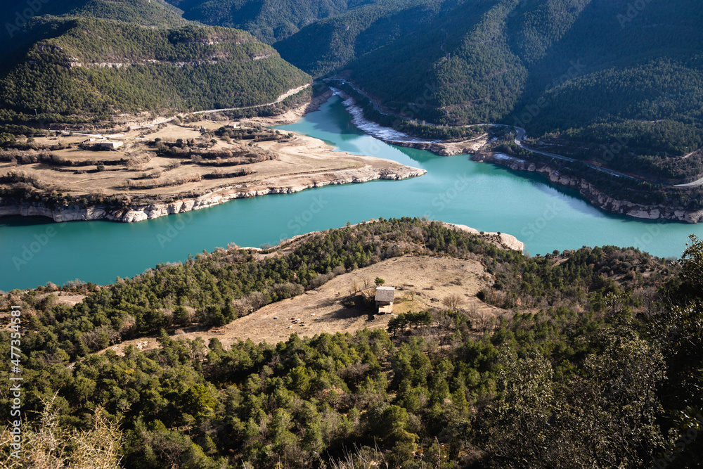 Landscape of Llosa del Cavall reservoir in the winter, mountain view from Santuario de Lord, Lleida, Catalonia