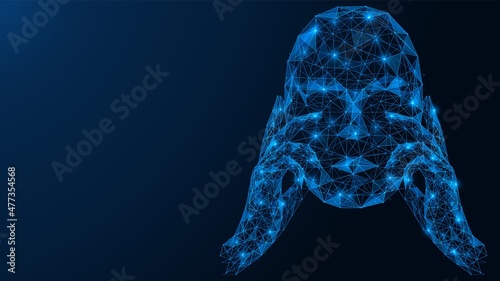 Hands are holding a mask of anonymity. Polygonal design of interconnected elements. Blue background.