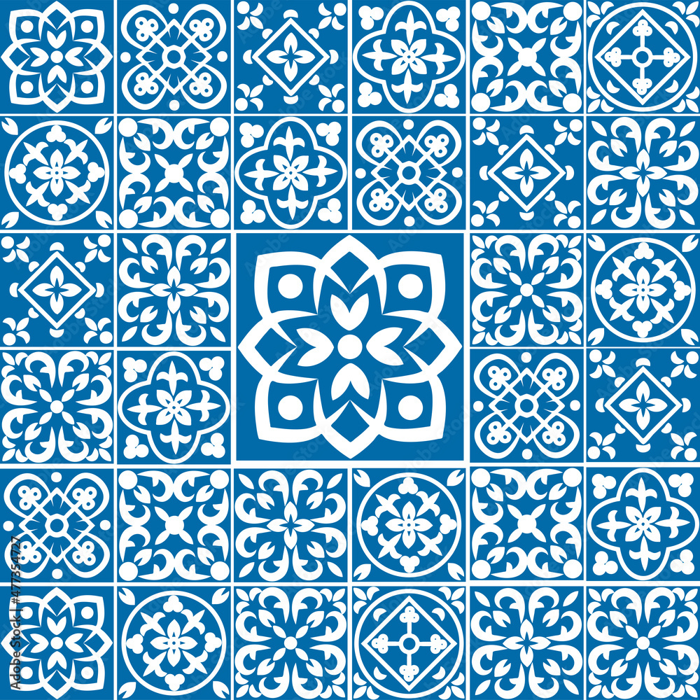 Portuguese seamless pattern with azulejo tiles. Gorgeous seamless patchwork pattern from colorful Moroccan tiles, ornaments