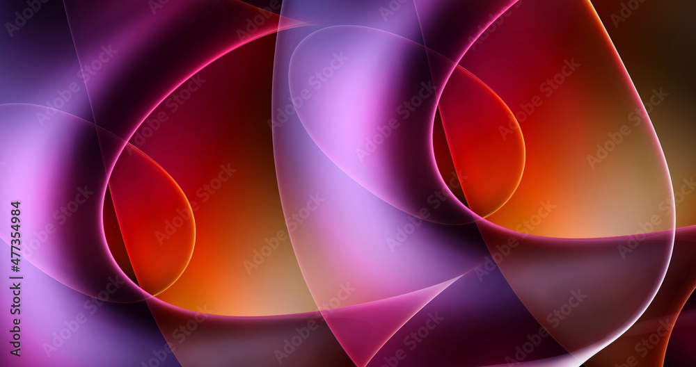 3d render of abstract art part of surreal alien flower in curvy wavy organic elegance biological lines forms in transparent glowing material in purple orange and purple gradient color on black back