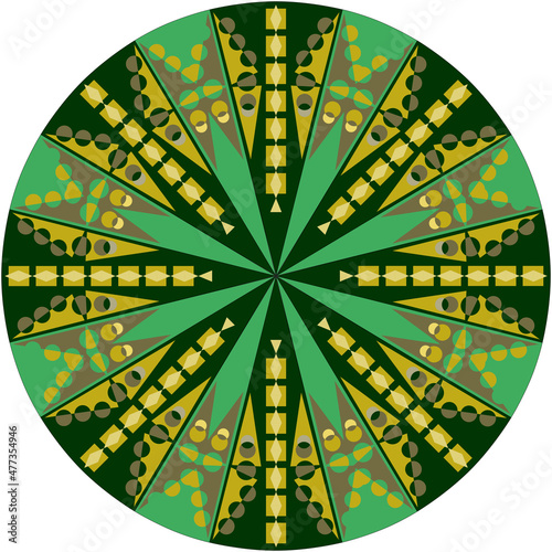 mandala green circle with fantasy figures in different colors