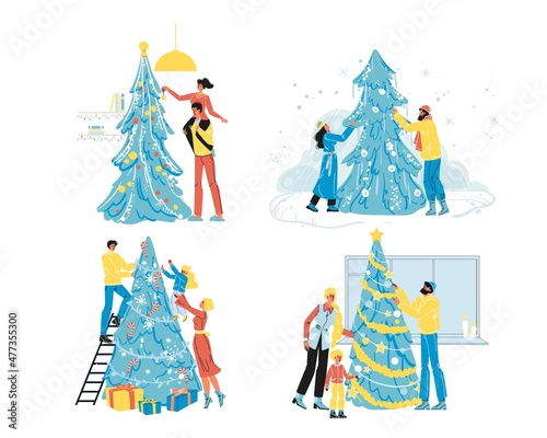 Happy people decorating Christmas tree vector isolated set. Cheerful family with children, loving couple hanging bauble on spruce pine. Xmas and mew year party preparation