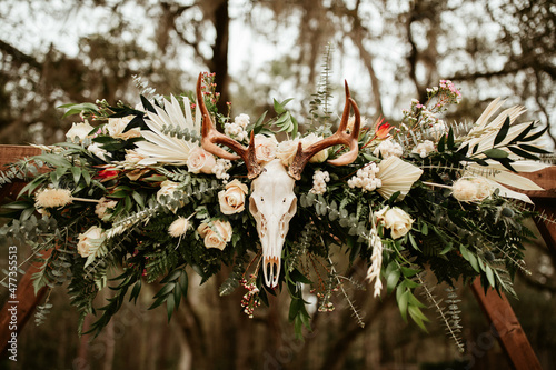 Flower arrangement with skull