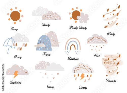 Boho weather icons. Hand-drawn illustration. Meteorology symbols.