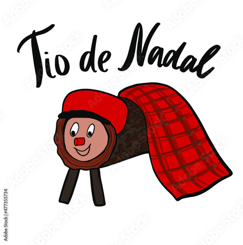 Caga tio or Tio de Nadal, traditional christmas character from Catalonia and Aragon, Spain. Vector illustration. Translation: Merry Christmas. photo