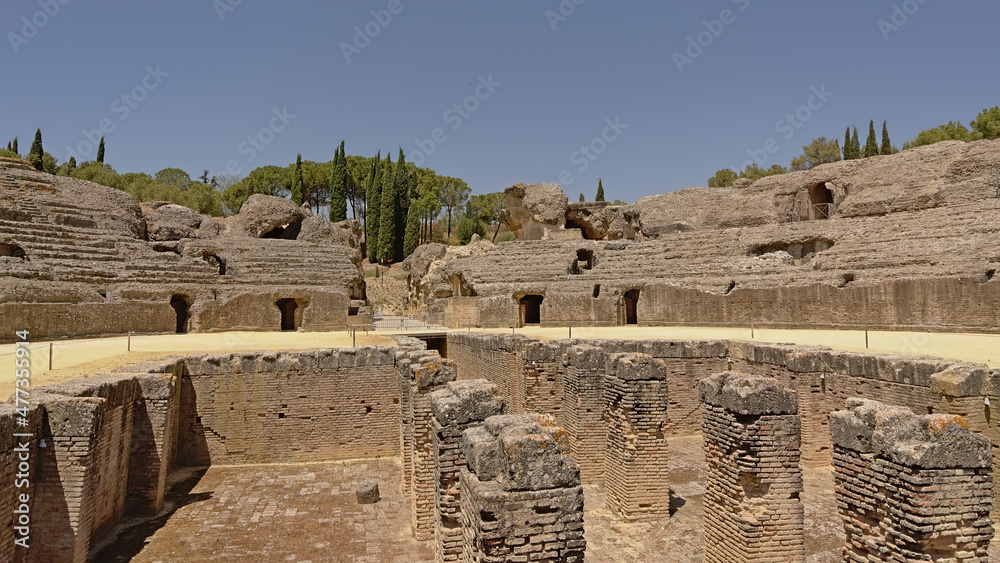 Detail of the ruin of roman amphitheatre at Italica, Roman city in the province of Hispania Baetica
