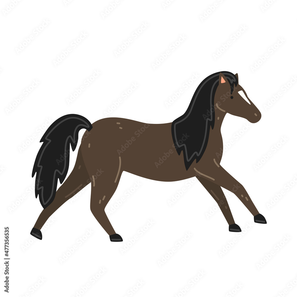 Cute brown horse with black mane. Vector flat illustration
