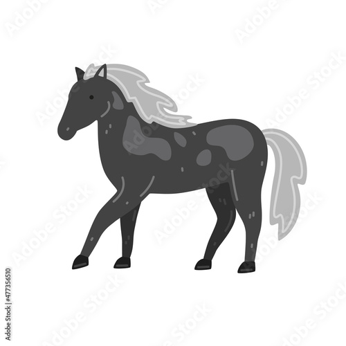 Cute grey spotted horse in cartoon style. Vector flat illustration