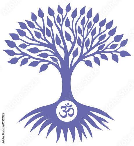 The tree of life with aum, om, ohm sign. Spiritual symbol. Very peri color 2022. Vector art graphics.